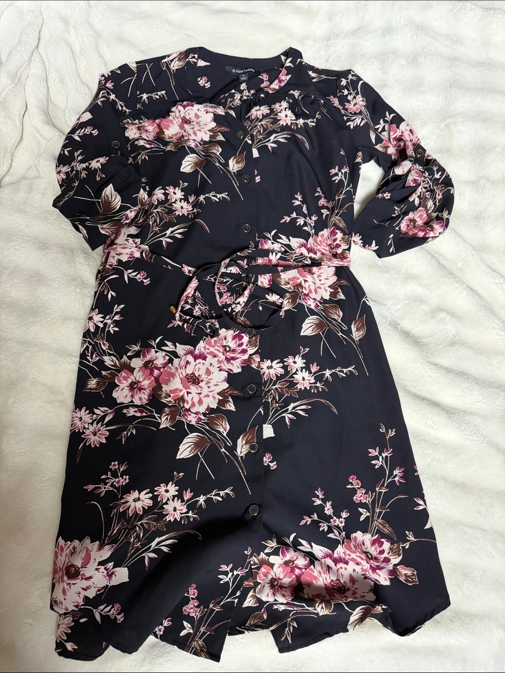 41 Hawthorn Black Long-Sleeve Floral Shirt Dress with Pink Blooms